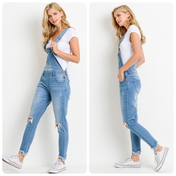 Medium Wash Distressed Overalls - Picture 3 of 4